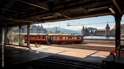 Viewpoint see of a stage in Lucerne Central Railroad Station with daylight cast on trains stopping by the stage travelers rushing for boarding A wonderful corner in Lucern Railroad Terminal