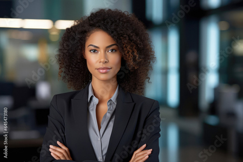 Empowering Leadership: A Close-Up Portrait of a Confident Black Woman Corporate Executive, Advocating Gender Equality, with Ample Copy Space.