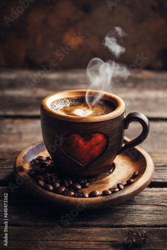 Traditional Coffee Cup With Heart-Shaped Steam On Rustic Wood