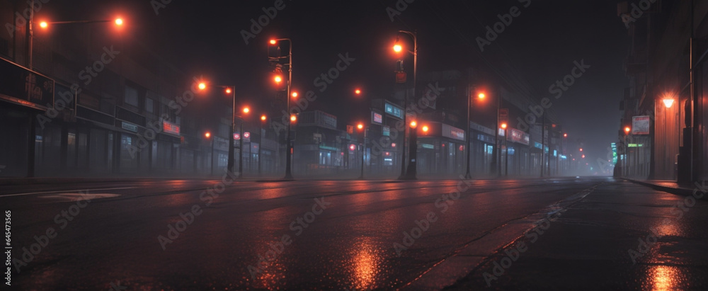 Abstract light in a dark empty street with smoke, smog. Dark background scene of empty street, night view, night city.