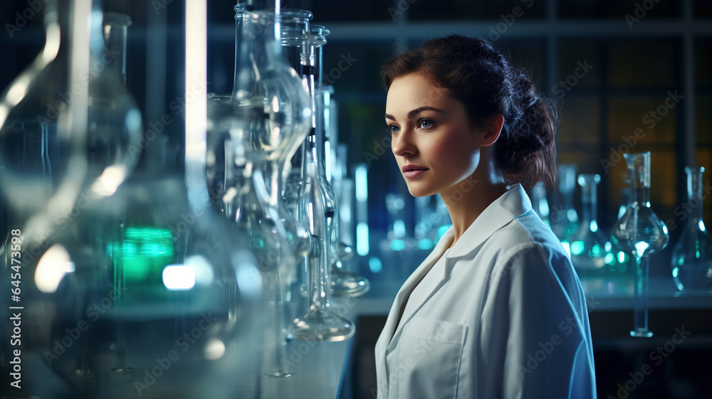 Attractive female scientist working in laboratory. Science, chemistry and education. Woman is conducting experiments wearing a scientists. - obrazy, fototapety, plakaty 