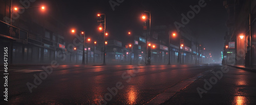 Abstract light in a dark empty street with smoke, smog. Dark background scene of empty street, night view, night city.
