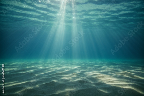 underwater background deep blue sea and beautiful light rays with sandy floor