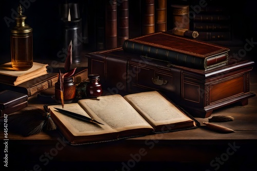 a highly detailed still-life composition featuring an antique wooden desk with a leather-bound book, an inkwell, and a quill pen - AI Generative