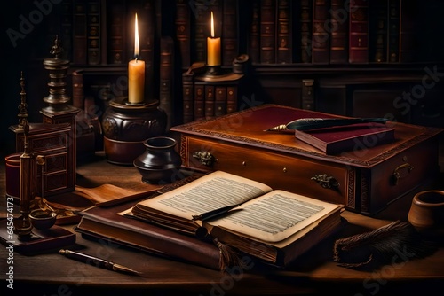 a highly detailed still-life composition featuring an antique wooden desk with a leather-bound book, an inkwell, and a quill pen - AI Generative
