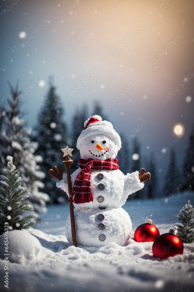 Wishing You a Merry Christmas and a Happy New Year! Festive Greeting Card with Snowman in a Winter Wonderland