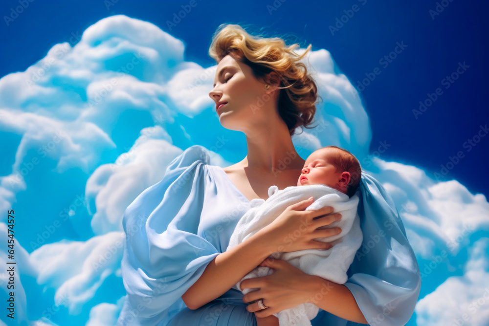 realistic blue sky with cloud composition that looks like a portrait of a woman with baby in her arms realistic blue sky with cloud composition that looks like a portrait of a woman with baby in her arms