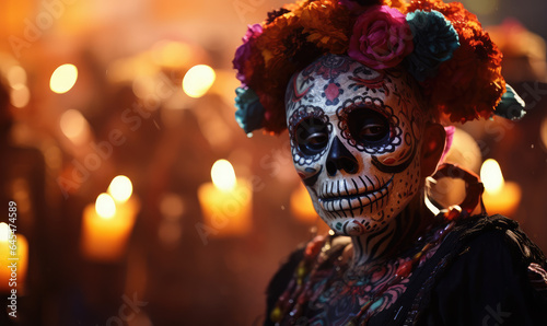 Beautiful woman with Mexican skulls makeup on her face and dressed for Day of the Dead in Mexico.