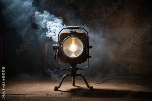 theater spot light with smoke against grunge wall photo