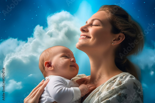 realistic blue sky with cloud composition that looks like a portrait of a woman with baby in her arms