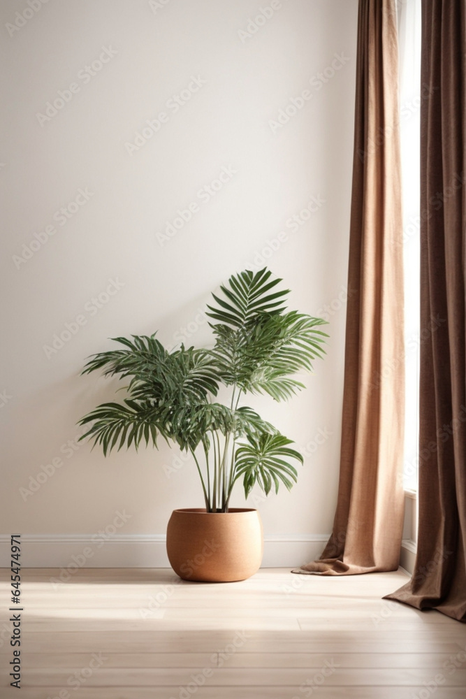 Plant against a white wall mockup. White wall mockup with brown curtain, plant and wood floor. 3D illustration. Plant against a white wall mockup. White wall mockup with brown curtain, plant and wood floor. 3D illustration.