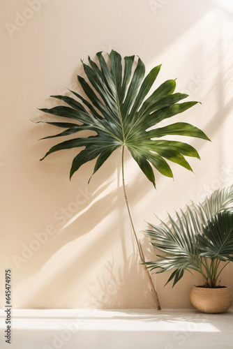 Creative Summer Mock-up: Palm Leaf Shadows on White Wall and Cream Pastel Floor, Ideal for Tropical Mockup on Light Background