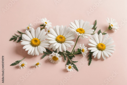 Minimal styled concept. White daisy chamomile flowers on pale pink background. Creative lifestyle  summer  spring concept. Copy space  flat lay  top view.