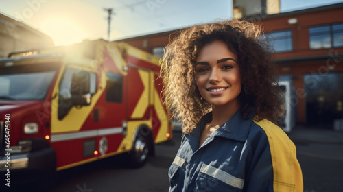 Portrait of a Female EMS Paramedic Proudly Standing in Front of Camera in High Visibility Medical Uniform with "Paramedic" Text Logo. Successful Emergency Medical Technician or Doctor at Work.