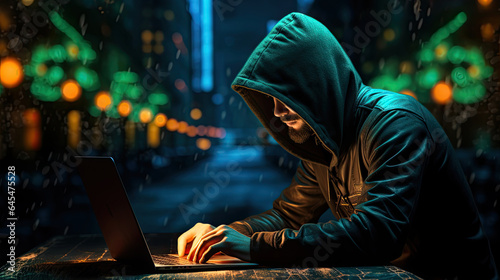 Illustration of cyber hacker illuminated by green light and  typing on a laptop. For covers, backgrounds, banners and other projects about cybersecurity.