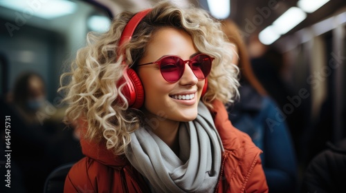 Young woman in earphones listening to music and smiling in a subway. Generative AI