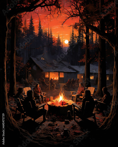 Camping in the woods at sunset. Wooden house and bonfire
