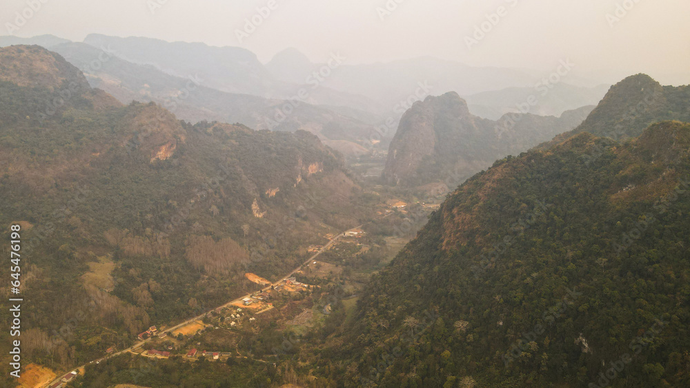 The aerial view of Nong Khiaw in Northern Laos The aerial view of Nong Khiaw in Northern Laos