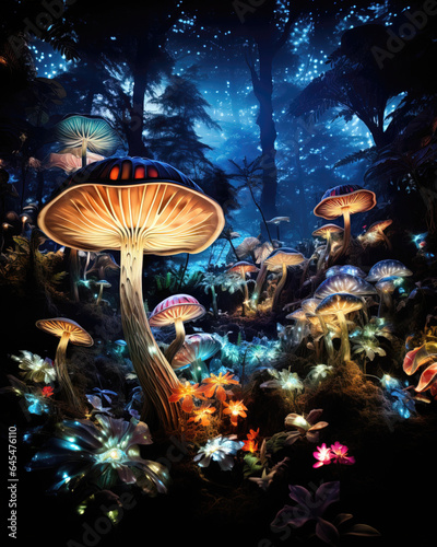 Fantasy forest with mushrooms in the night. 3D illustration