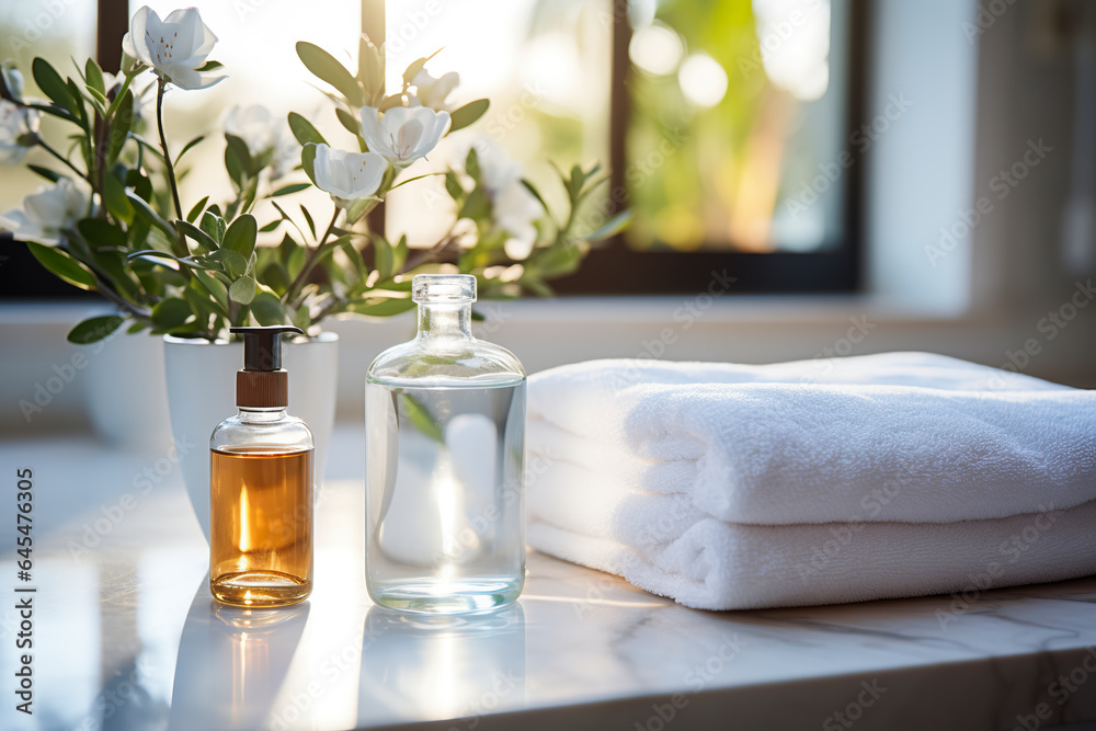 Glass bottle of thermal water on countertop in a spa. Spa and skin care environment with white towels and thermal water. Skin and body care.