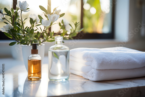 Glass bottle of thermal water on countertop in a spa. Spa and skin care environment with white towels and thermal water. Skin and body care. photo