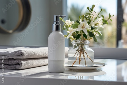 Glass bottle of thermal water on countertop in a spa. Spa and skin care environment with white towels and thermal water. Skin and body care. photo
