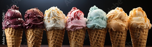various ice cream flavor in cones blueberry pistachio almond orange and chocolate set on a dark background