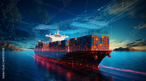 A visual representation of a large cargo ship equipped with AI navigation systems and sensors, highlighting AI's role in improving safety and efficiency in maritime logistics