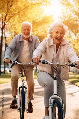 happy senior couple riding bicycle at park, active old people