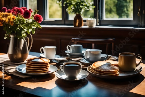a scene of a sunlit breakfast table with a perfectly set plate of pancakes, a cup of steaming coffee, and a vase of fresh flowers - AI Generative