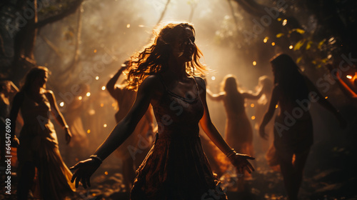 Witches dance a ritual dance in the forest