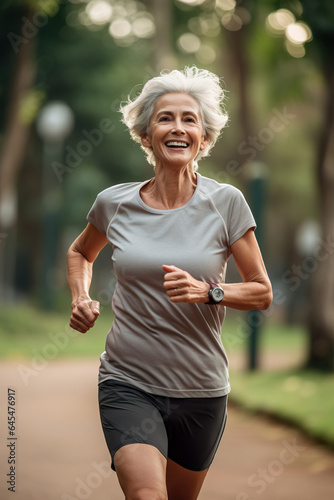 happy senior woman running in park, retired old female jogging at nature, generative AI