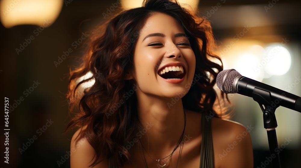 A woman sings karaoke. Vocal lessons. Emotional performance of songs. Beautiful girl performs songs, teacher voice training, Music karaoke club A woman sings karaoke. Vocal lessons. Emotional performance of songs. Beautiful girl performs songs, teacher voice training, Music karaoke club