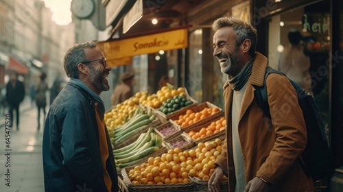 two men talking and laughing in front of a market selling vegetable products. Generative AI 
