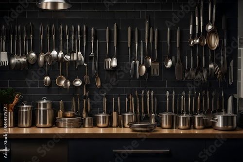 an image of a well-organized kitchen countertop with an array of stainless steel utensils like knives, forks, and spoons - AI Generative