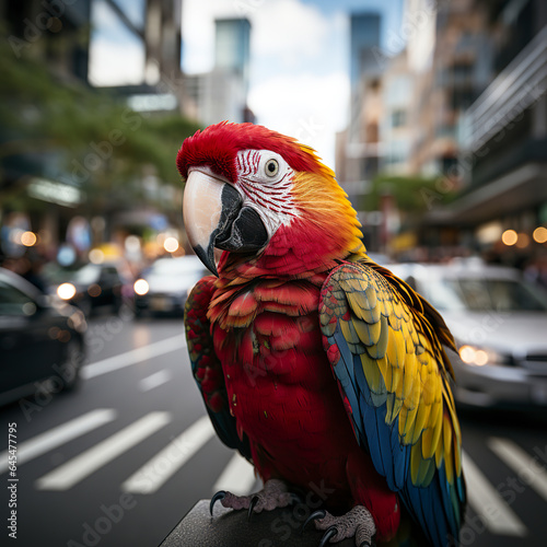 A vibrant parrot amid the chaotic traffic of an urban road. A moment of beauty amidst the chaos of cars on a highway with a beautiful wild parrot in our busy urban life. photo