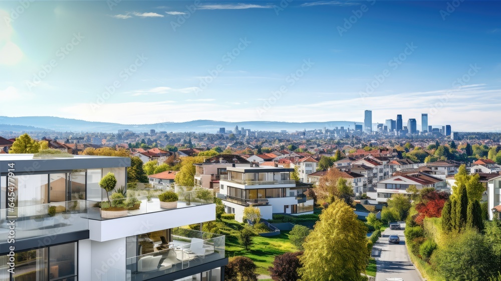 Fototapeta premium an enticing panoramic image showing the suburban apartment buildings