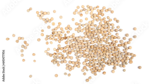 Grain white pepper pile, peppercorn isolated on white, top view  