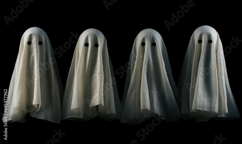 Fabric ghosts with white sheet and pierced dark eyes halloween concept for day of the dead.