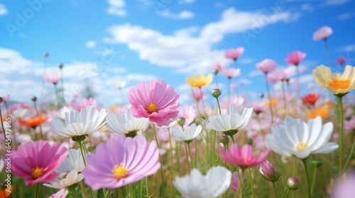 A vibrant field of colorful flowers under a clear blue sky