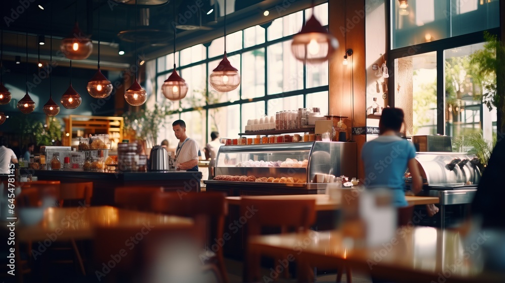 A bustling restaurant with tables and chairs filled with people enjoying their meals