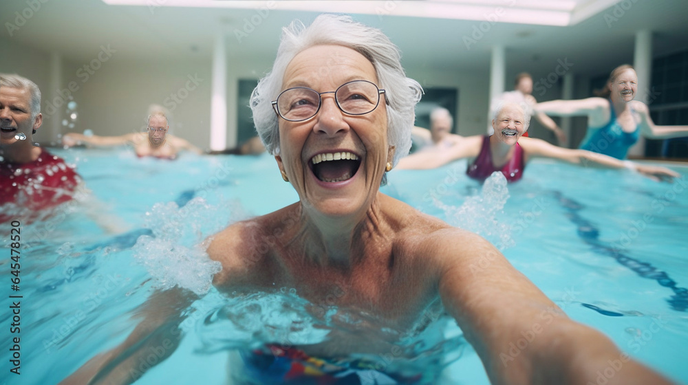 copy space, candid camera, Active senior people enjoying aqua fit class in a pool, displaying joy and camaraderie, embodying a healthy, retired lifestyle. Active and healthy elderly people, senior enj copy space, candid camera, Active senior people enjoying aqua fit class in a pool, displaying joy and camaraderie, embodying a healthy, retired lifestyle. Active and healthy elderly people, senior enj