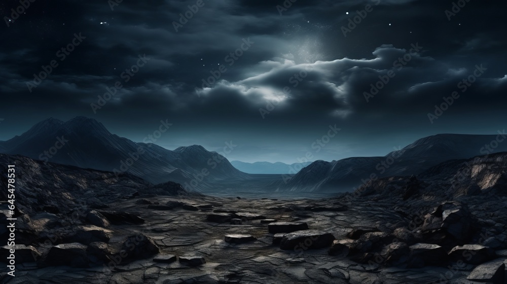 A majestic mountain landscape illuminated by a full moon