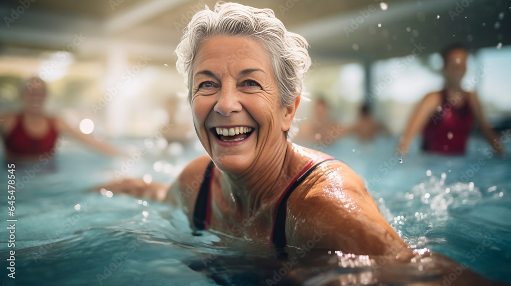 copy space, candid camera, Active senior people enjoying aqua fit class in a pool, displaying joy and camaraderie, embodying a healthy, retired lifestyle. Active and healthy elderly people, senior enj copy space, candid camera, Active senior people enjoying aqua fit class in a pool, displaying joy and camaraderie, embodying a healthy, retired lifestyle. Active and healthy elderly people, senior enj
