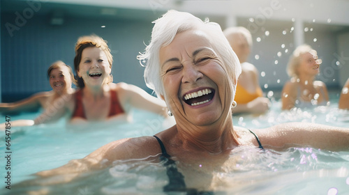 copy space, candid camera, Active senior people enjoying aqua fit class in a pool, displaying joy and camaraderie, embodying a healthy, retired lifestyle. Active and healthy elderly people, senior enj © Dirk