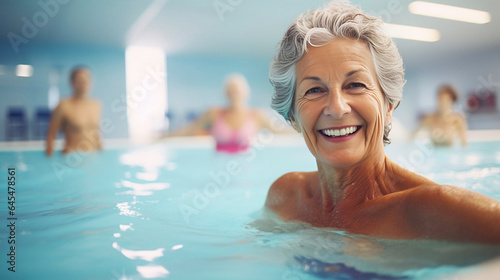 copy space, candid camera, Active senior people enjoying aqua fit class in a pool, displaying joy and camaraderie, embodying a healthy, retired lifestyle. Active and healthy elderly people, senior enj © Dirk