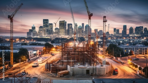 Photo captures the dynamic beauty of a city in the making, with a focus on modern house construction against an evening cityscape.