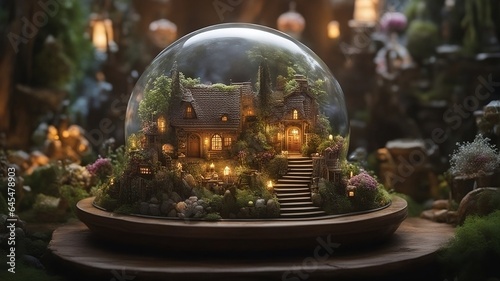 cozy country English style cottage in a globe, snowglobe style house