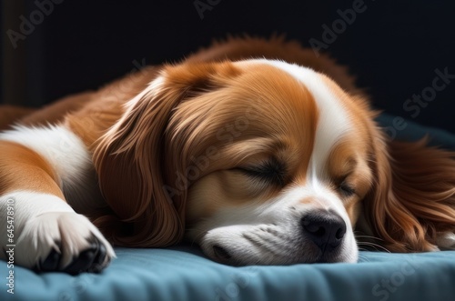Illustration of a dog wearing headphones and sleeping on the bed, concept of listening to music to sleep. Generative AI