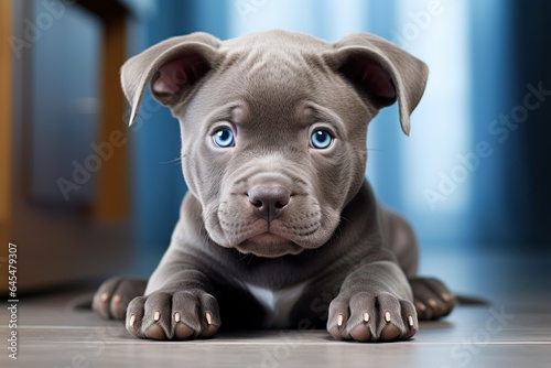Cute adorable blue-eyed blue American Staffordshire puppy lies on the floor in the living room.